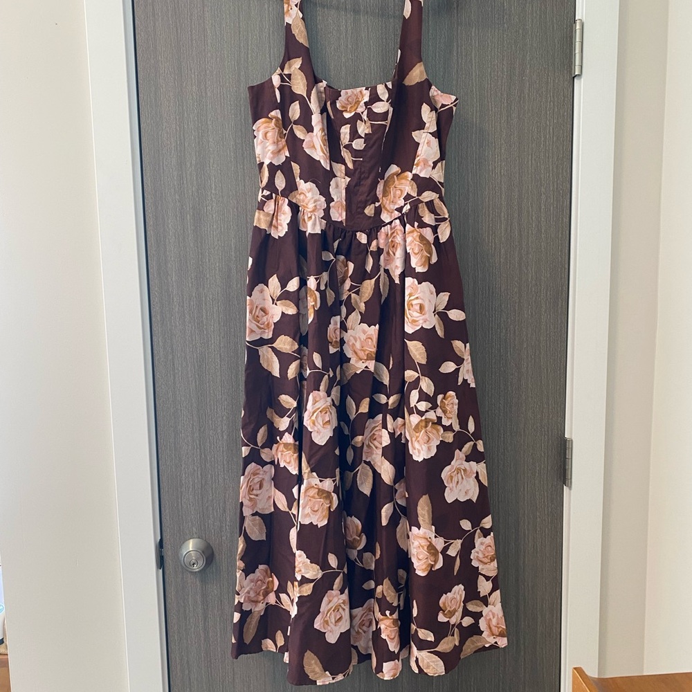 Wayf Brown and Cream Floral Midi Dress